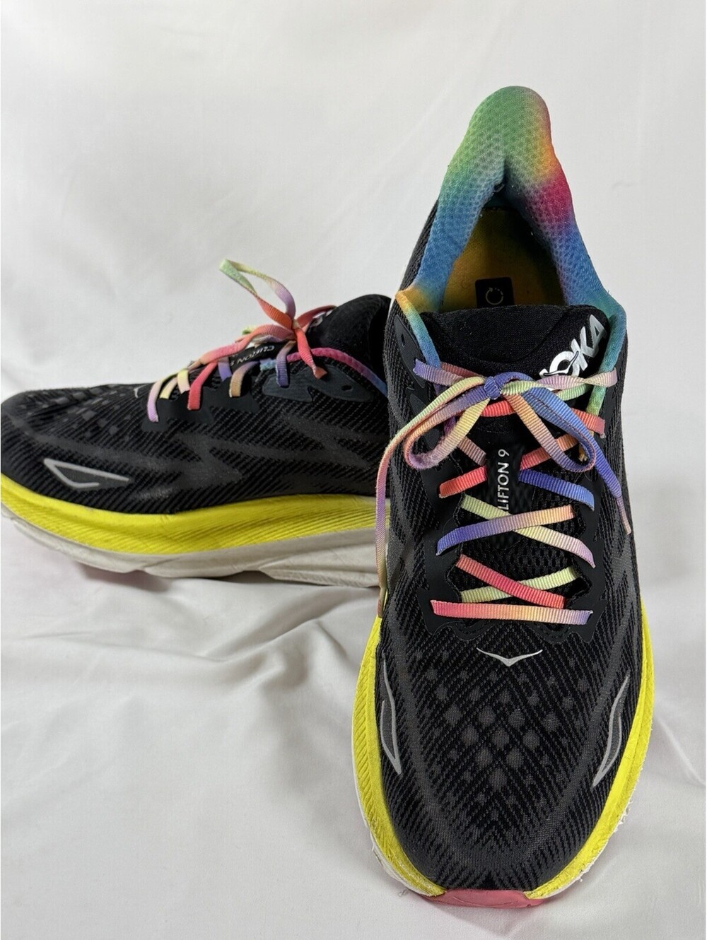Hoka Clifton 9 Black Rainbow Running Shoes with Yellow Sole 14 2E
